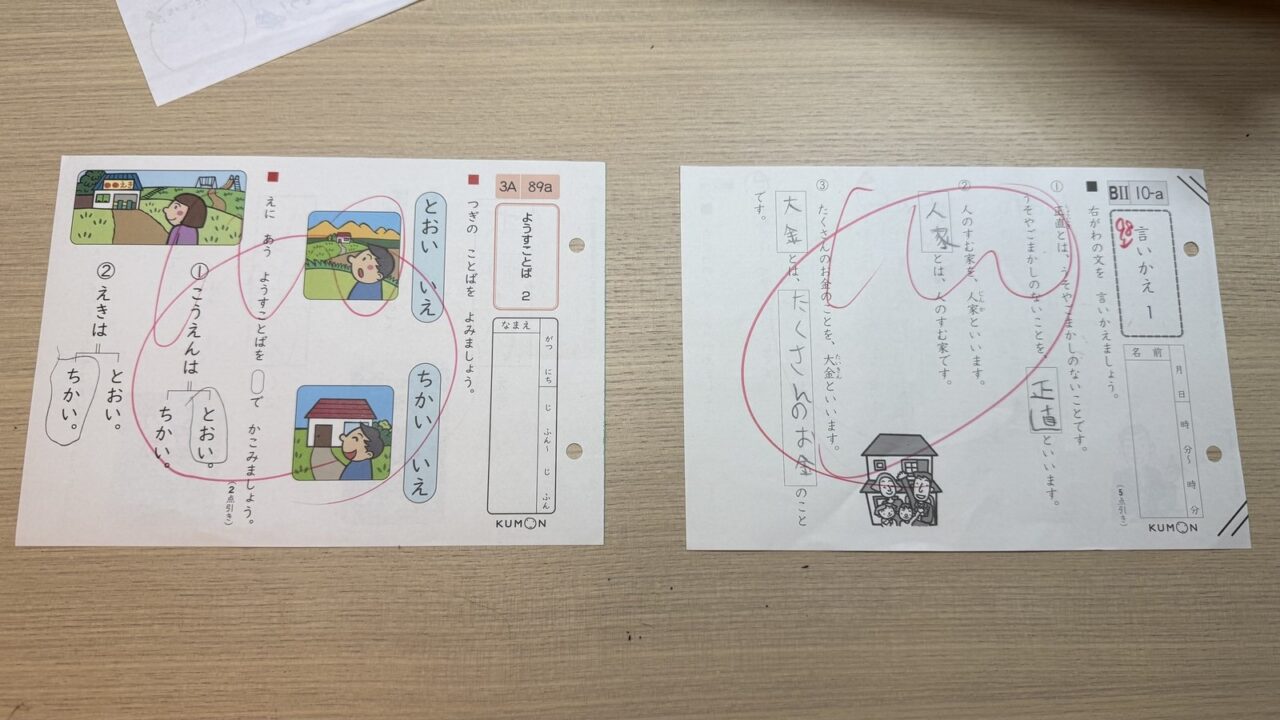 公文の国語のプリント。やったものは赤で丸をつけて返ってくる